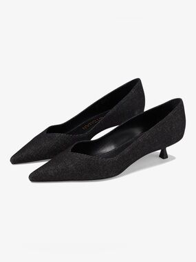 Stuart Weitzman Eva Kitten Heel Pump in Black Shimmering Glitter